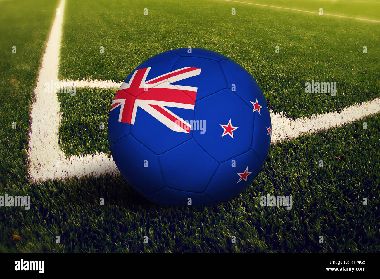 New Zealand ball on corner kick position, soccer field background
