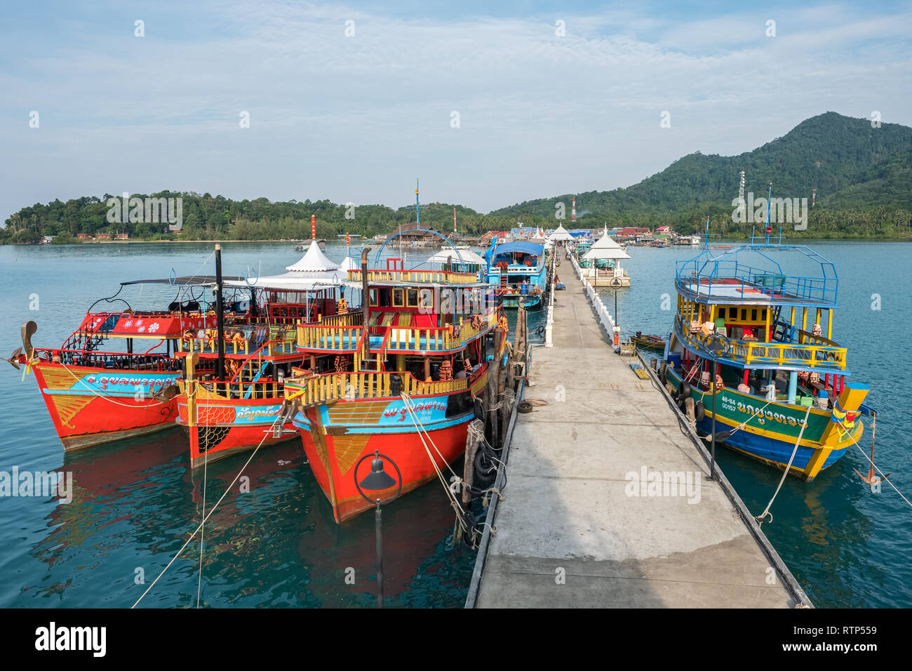 Koh Chang, Thialand - December 18, 2018: Boats docked at Bang Bao pier on Koh Chang Island in Thailand Stock Photo