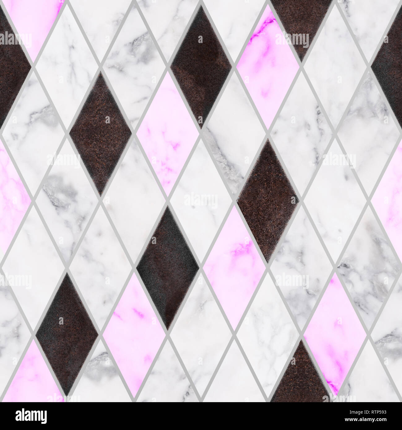Seamless white and pink marble stone with rusty metal texture in rhombus pattern. Luxury marble stone decorations Stock Photo