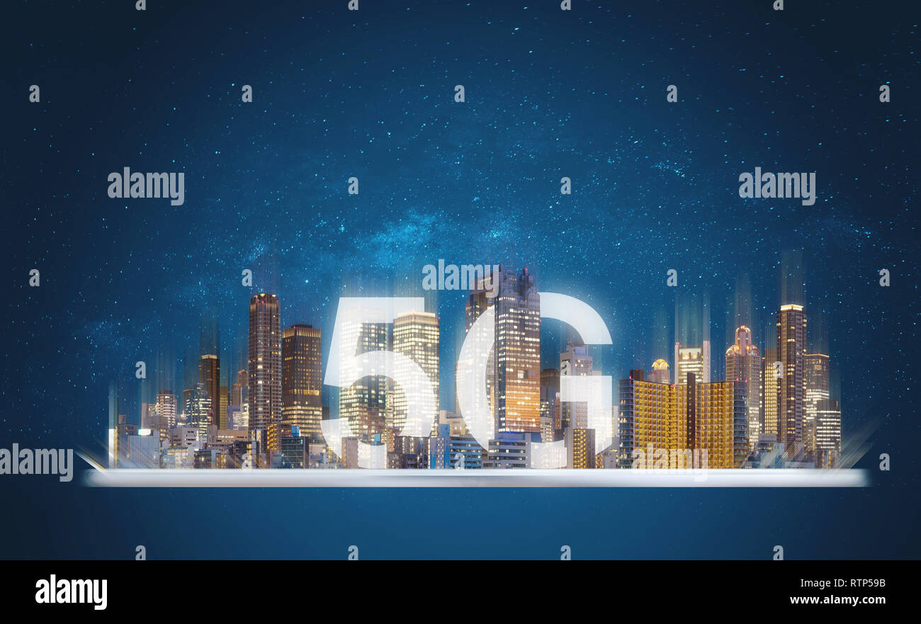 5G internet network in the city, building and 5g in the city on digital tablet Stock Photo