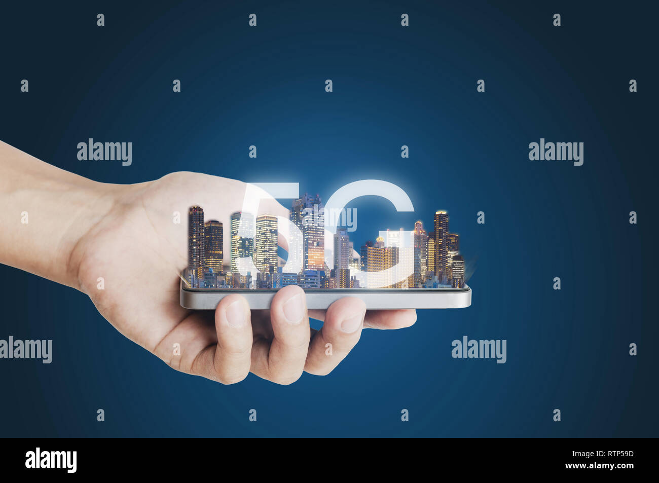 5G internet network technology, Hand holding mobile smart phone and buildings hologram with 5G internet network Stock Photo