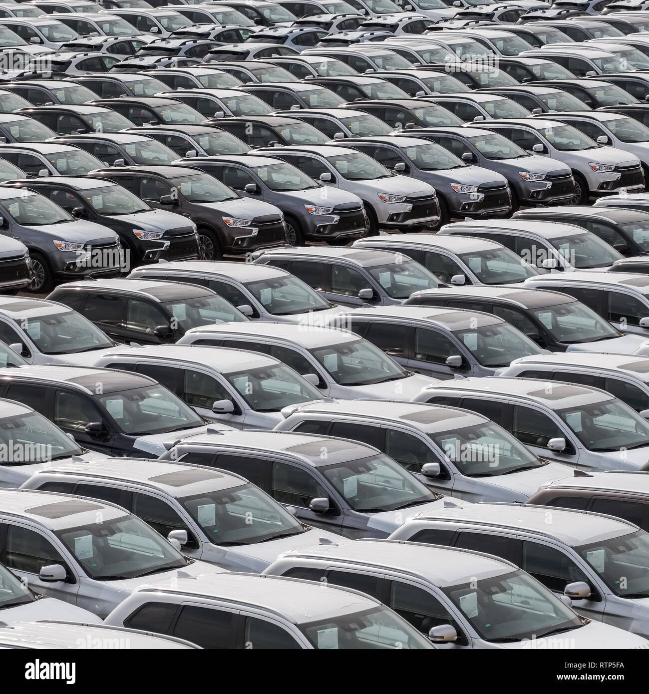 Row of new cars for sale in port. New automobiles background Stock Photo