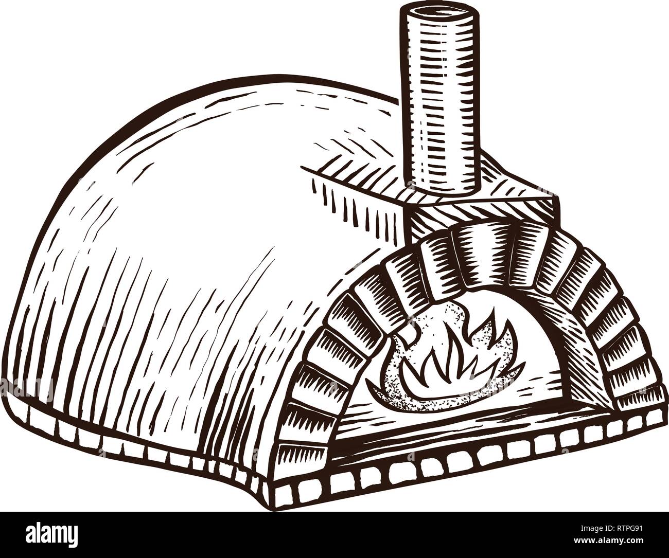 Italian Pizza Fireplace. A traditional Neapolitan oven for cooking and baking pizza. Hand drawn design element. Vintage engraving illustration for Stock Vector