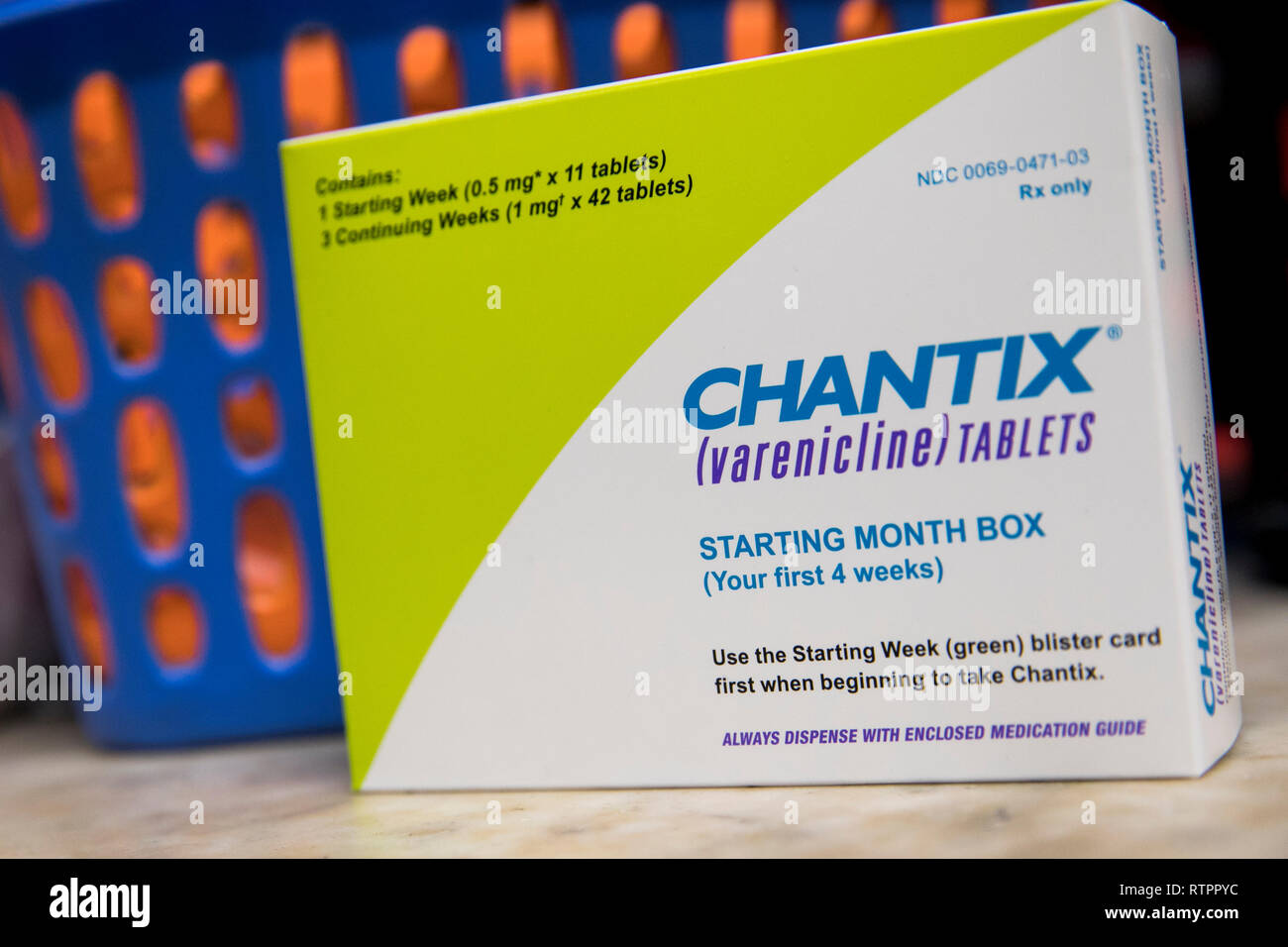 A box of Chantix (varenicline) prescription pharmaceuticals photographed in a pharmacy. Stock Photo