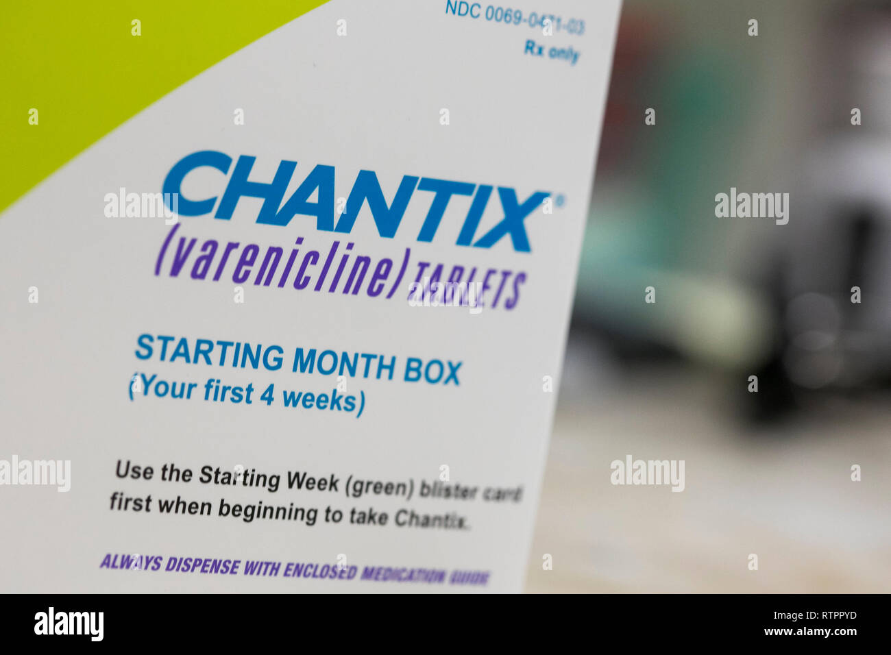 A box of Chantix (varenicline) prescription pharmaceuticals photographed in a pharmacy. Stock Photo