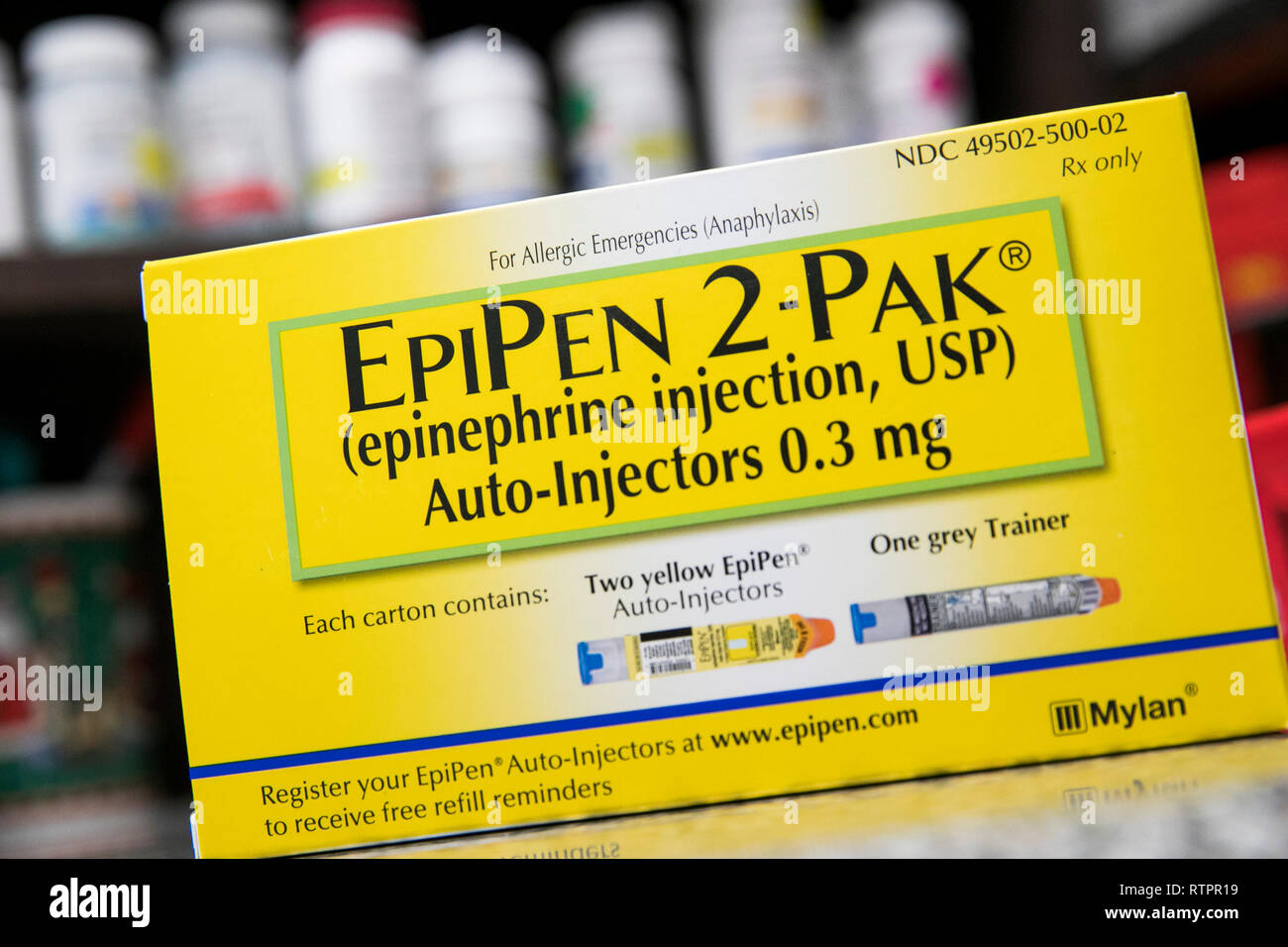 A package containing EpiPen (Epinephrine) prescription pharmaceuticals
