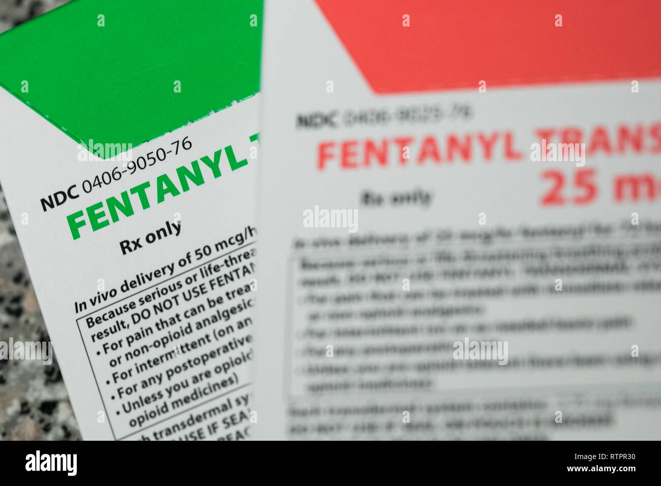 Packages of Fentanyl prescription pharmaceuticals photographed in a pharmacy. Stock Photo