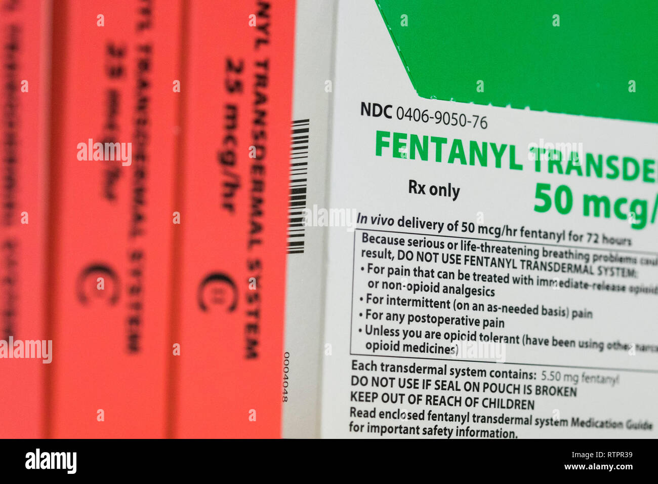Packages of Fentanyl prescription pharmaceuticals photographed in a ...