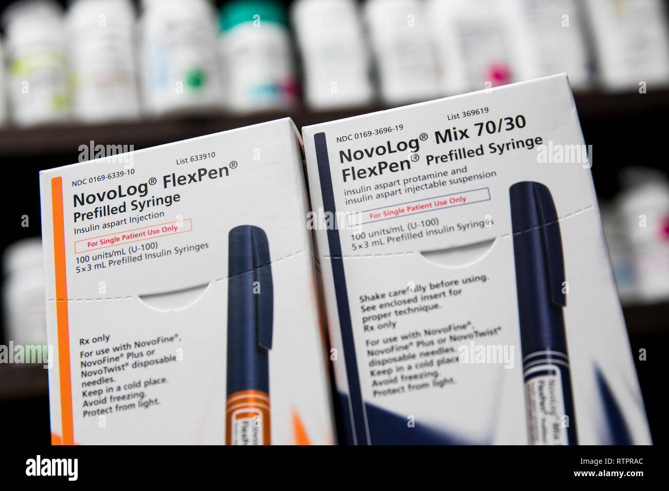 Packages of NovoLog insulin injectors, manufactured by Novo Nordisk,  photographed in a pharmacy Stock Photo - Alamy