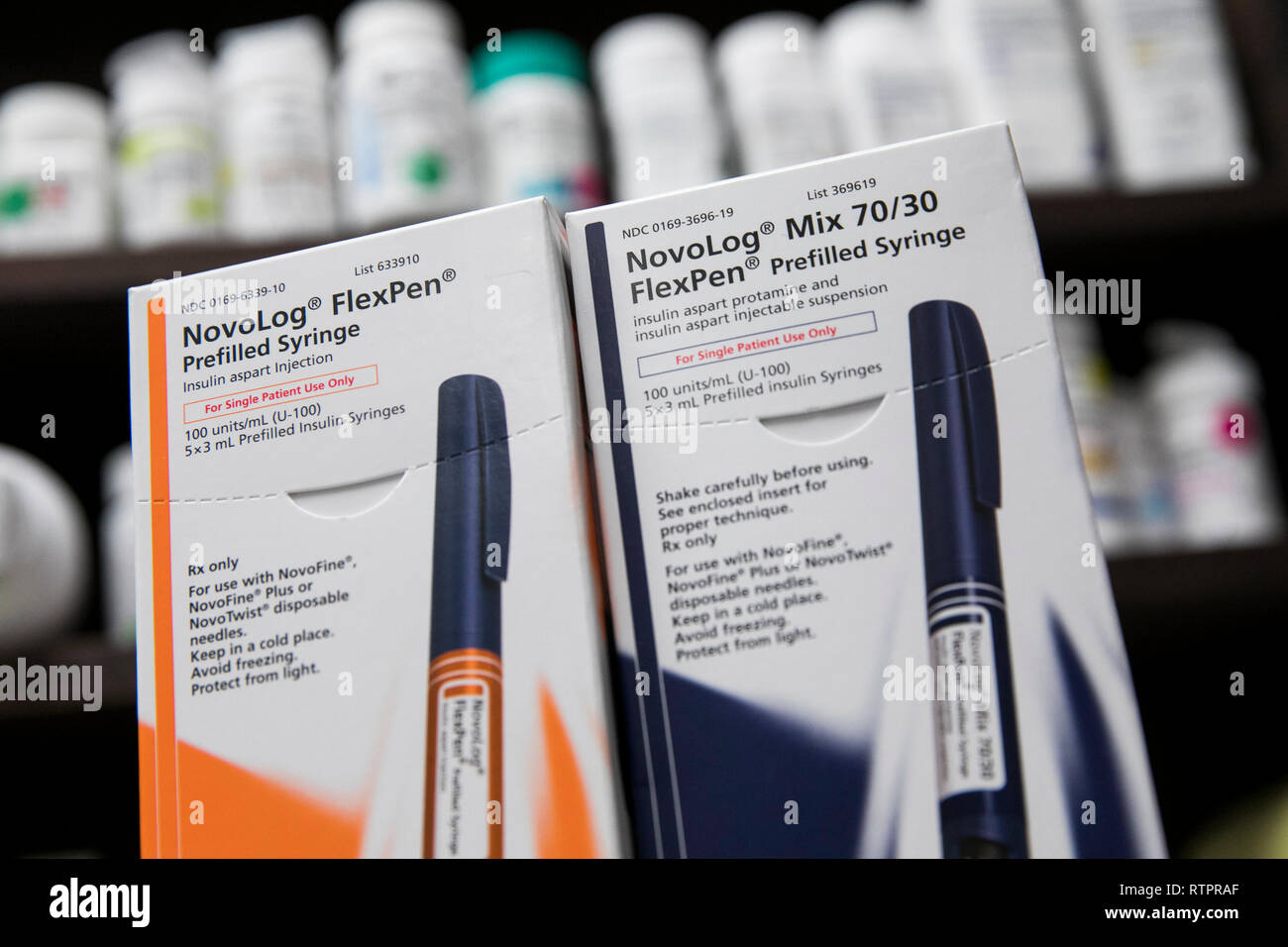 Packages Of NovoLog Insulin Injectors Manufactured By Novo Nordisk Photographed In A Pharmacy