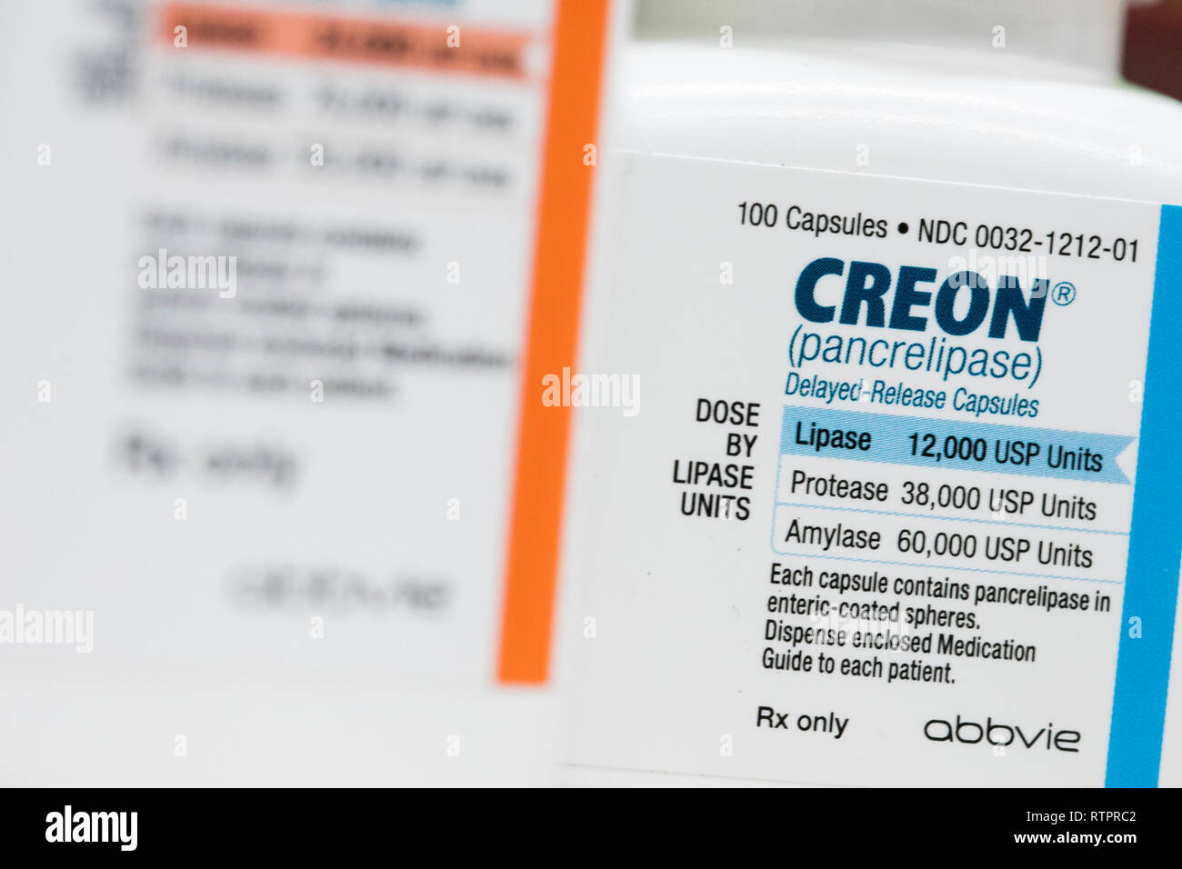 Bottles of Creon (pancrelipase) prescription pharmaceuticals