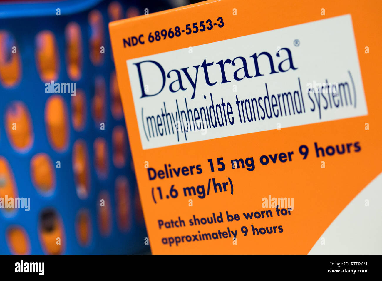 A package of Daytrana (Methylphenidate) prescription pharmaceuticals photographed in a pharmacy