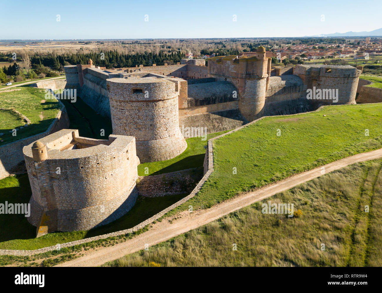 Aerial view of Catalan fortress Fort de Salses at sunny day, France Stock Photo