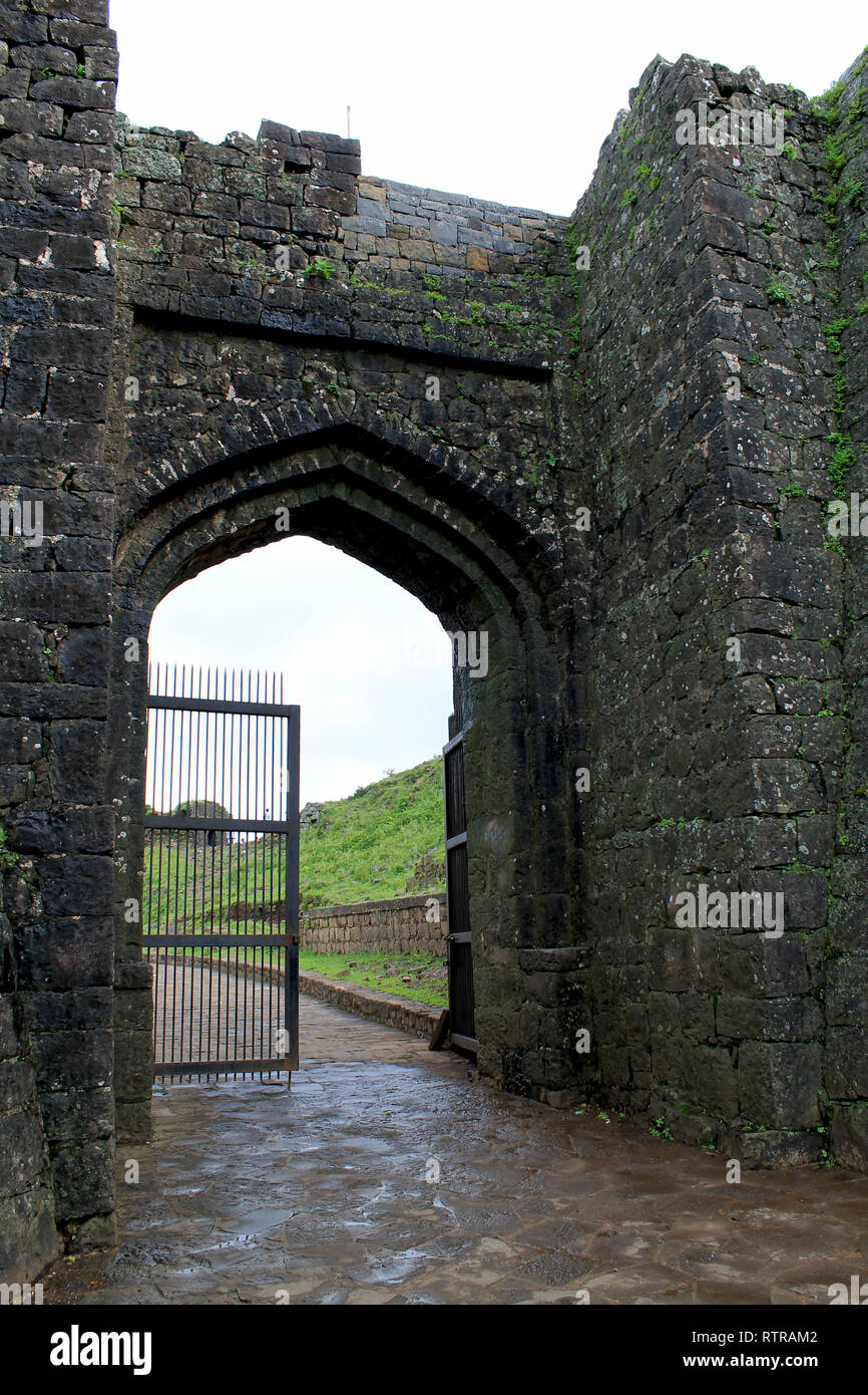 Door or gate of old castle at Gawilghur in Maharastra India - Image Stock Photo