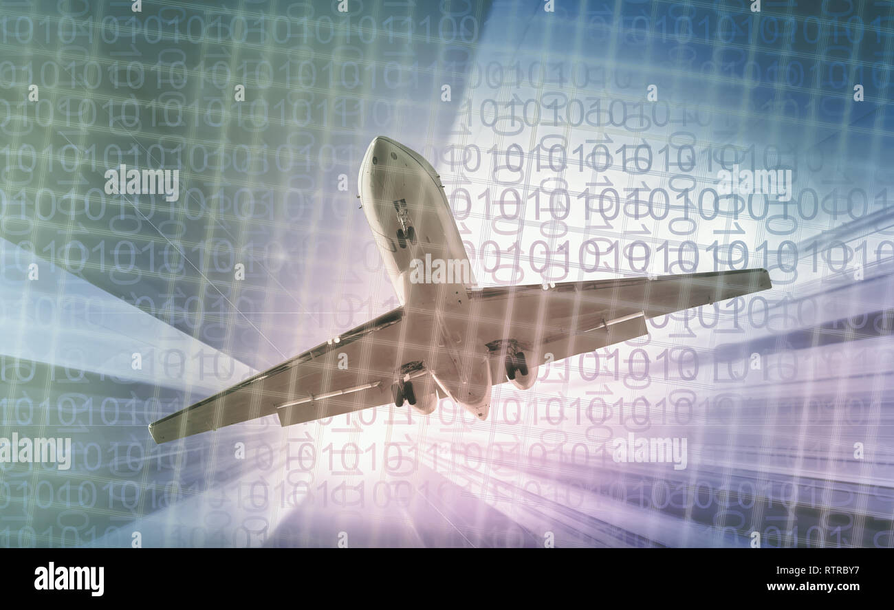 Airliner in motion on abstract background of highrise and binary code Stock Photo