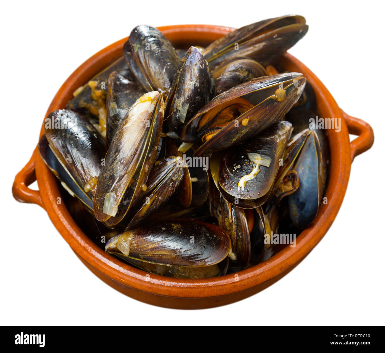 French dish mussels with onion sauce. Isolated over white background