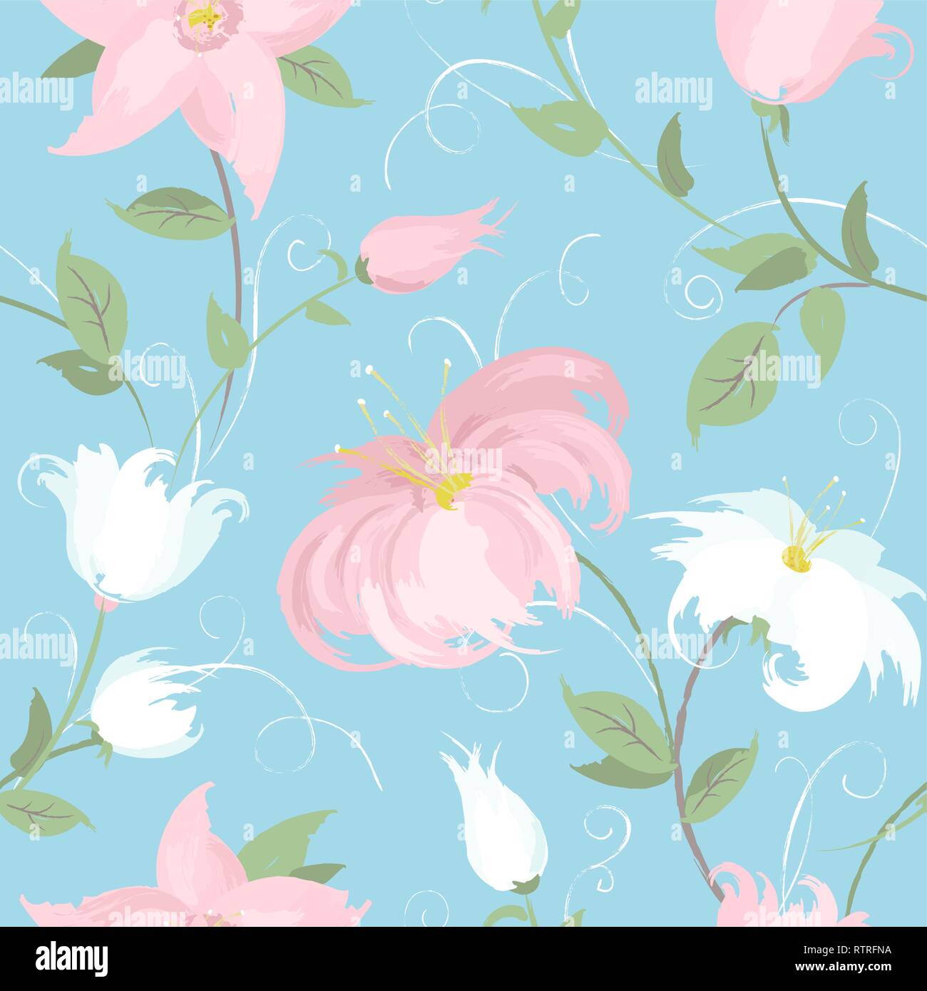 Vector seamless blue background with spring flowers Stock Vector
