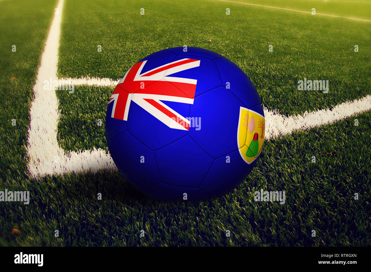 Turks And Caicos Islands ball on corner kick position, soccer field background. National football theme on green grass. Stock Photo