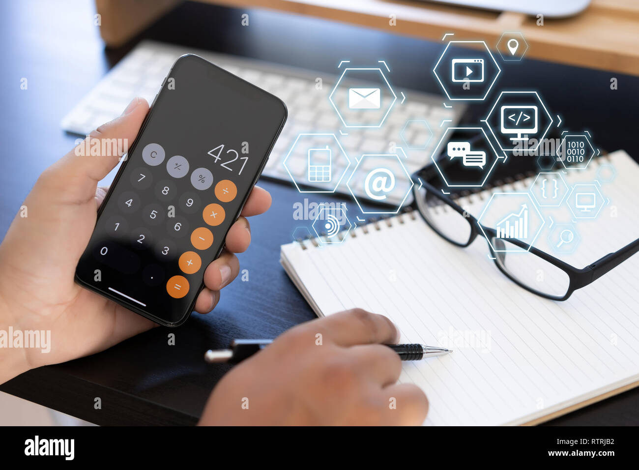Man using  tablet computer  virtual interface graphic icons network diagram Digital marketing Stock Photo