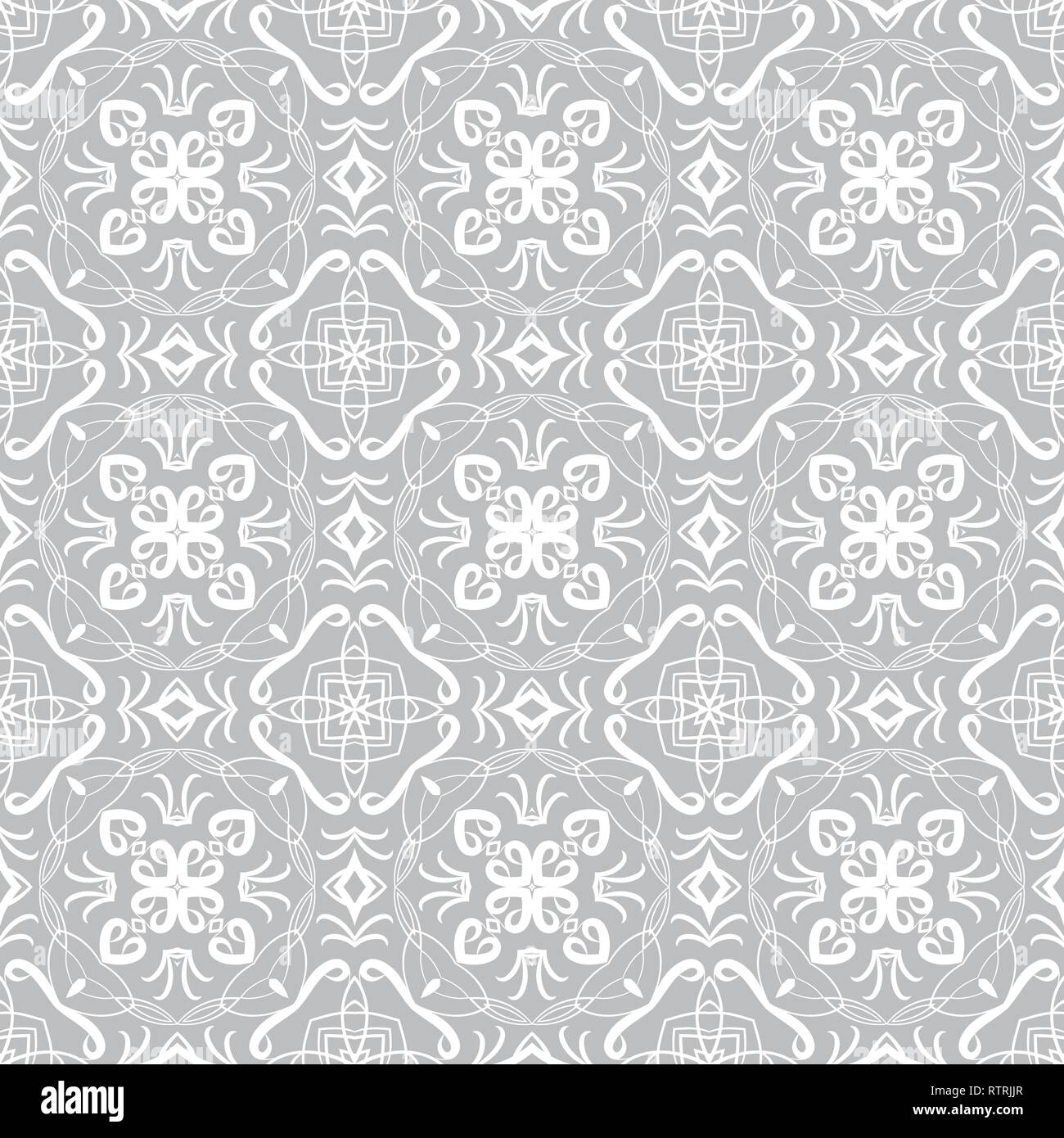 Vector seamless pattern. Stylish textile print with geometric ethnic design. Grey and white fabric background with abstract ornament. Monochrome fabri Stock Vector