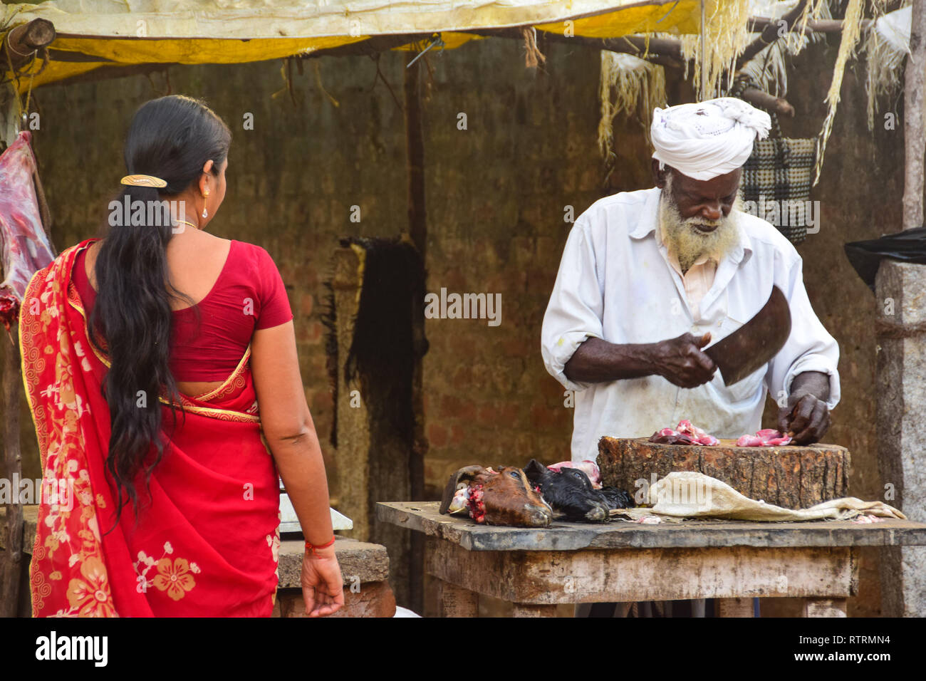 Indian Butcher, Goats Heads, Meat Cleaver, Mamallapuram, Mahabalipuram