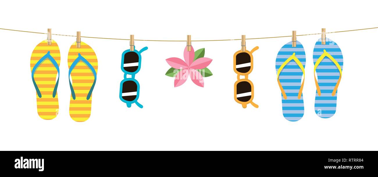 striped flip flops and sunglasses hang on a rope attached with ...