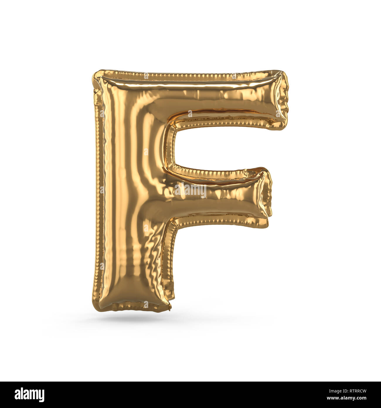 Golden letter F made of inflatable balloon isolated on white background