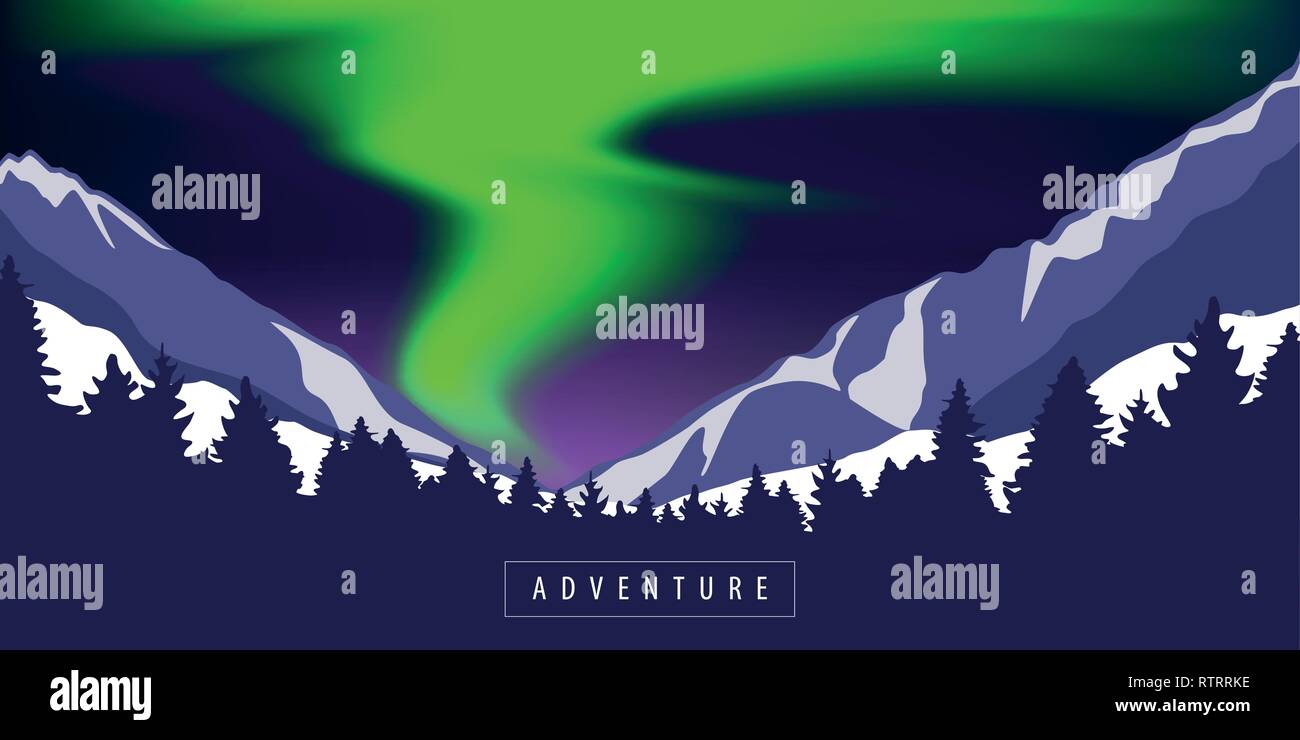 green polar lights adventure in snowy mountain vector illustration EPS10 Stock Vector