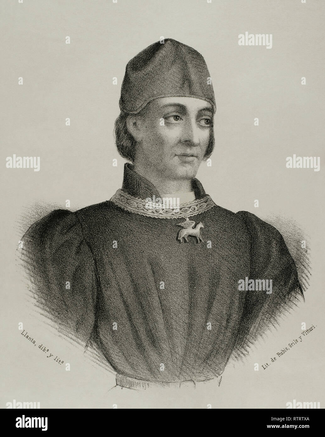 Charles, Prince of Viana (1421-1461). Infante of Aragon and Navarre, Prince of Viana and Girona, duke of Gandia and Montblanc. He was also called Charles IV of Navarre (1441-1461). Lithography. Historia Ilustrada y Descriptiva de sus Provincias. Catalonia. 1866. Stock Photo