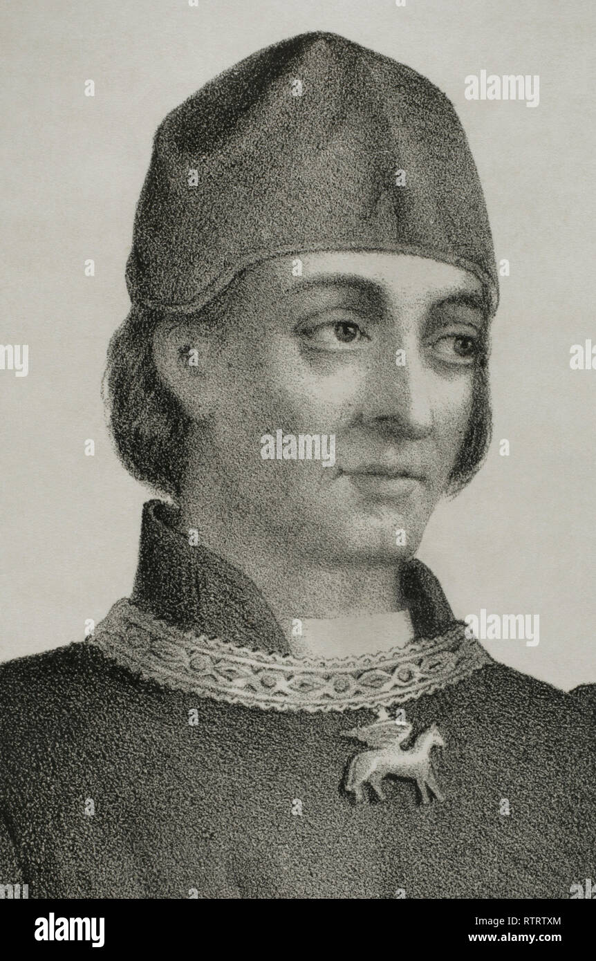Charles, Prince of Viana (1421-1461). Infante of Aragon and Navarre, Prince of Viana and Girona, duke of Gandia and Montblanc. He was also called Charles IV of Navarre (1441-1461). Lithography. Detail. Historia Ilustrada y Descriptiva de sus Provincias. Catalonia. 1866. Stock Photo