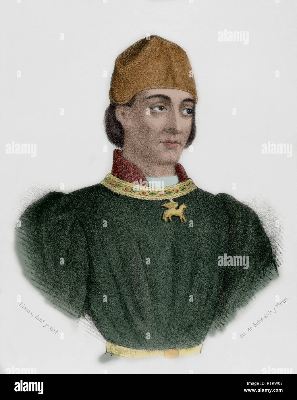 Charles, Prince of Viana (1421-1461). Infante of Aragon and Navarre, Prince of Viana and Girona, duke of Gandia and Montblanc. He was also called Charles IV of Navarre (1441-1461). Lithography. Later colouration. Historia Ilustrada y Descriptiva de sus Provincias. Catalonia. 1866. Stock Photo