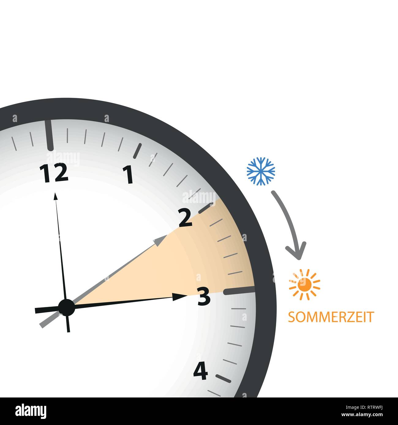 clock with sun and snowflake summer time daylight saving time vector illustration EPS10 Stock Vector
