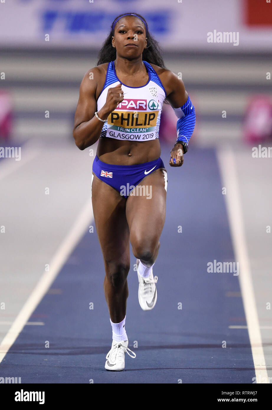 Great Britain's Asha Philip on her way to winning her heat in the Women's 60m during day two of the European Indoor Athletics Championships at the Emirates Arena, Glasgow. Stock Photo