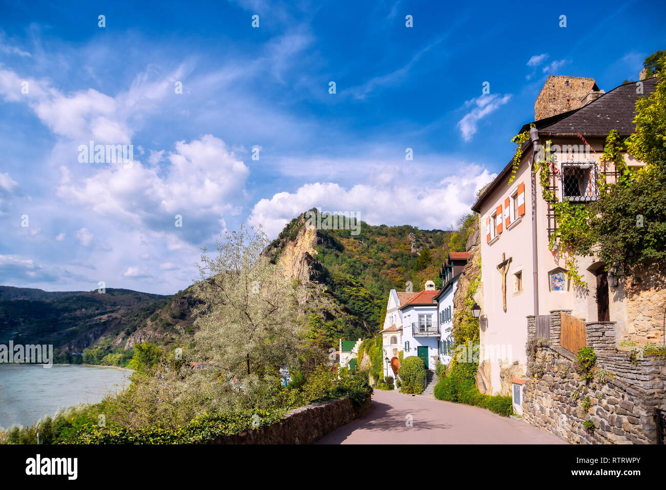 Beautiful landscape with the historic town of Dürnstein and Danube river in the Wachau valley, Lower Austria Stock Photo