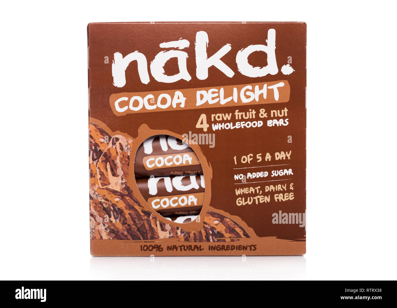 LONDON, UK - MARCH 01, 2019: Pack of NAKD Raw Fruit and Nut Wholefood Bars with Cocoa Delight on white. Stock Photo