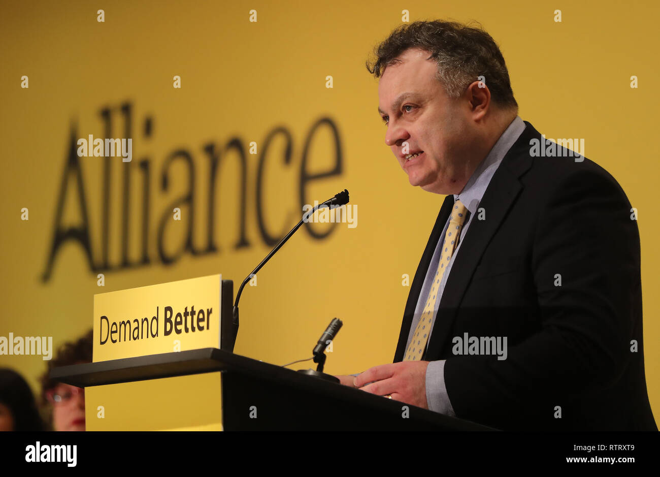 Alliance Party deputy leader Stephen Farry addresses his party conference at the Stormont Hotel in Belfast. Stock Photo