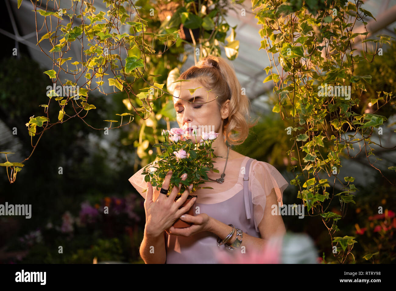 Nice young woman feeling the smell of roses Stock Photo