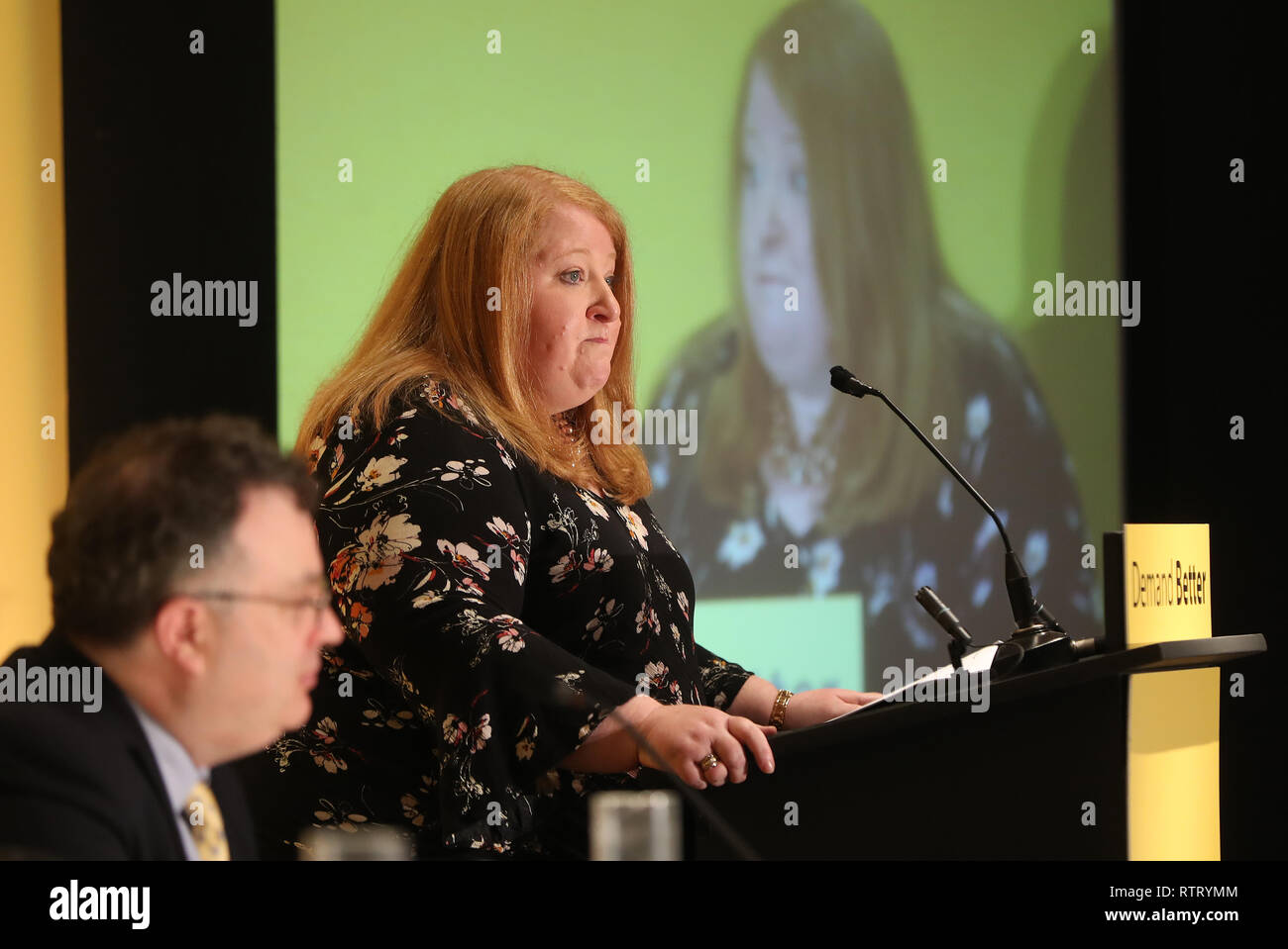 Alliance Party leader Naomi Long addresses her party conference at the Stormont Hotel in Belfast. Stock Photo