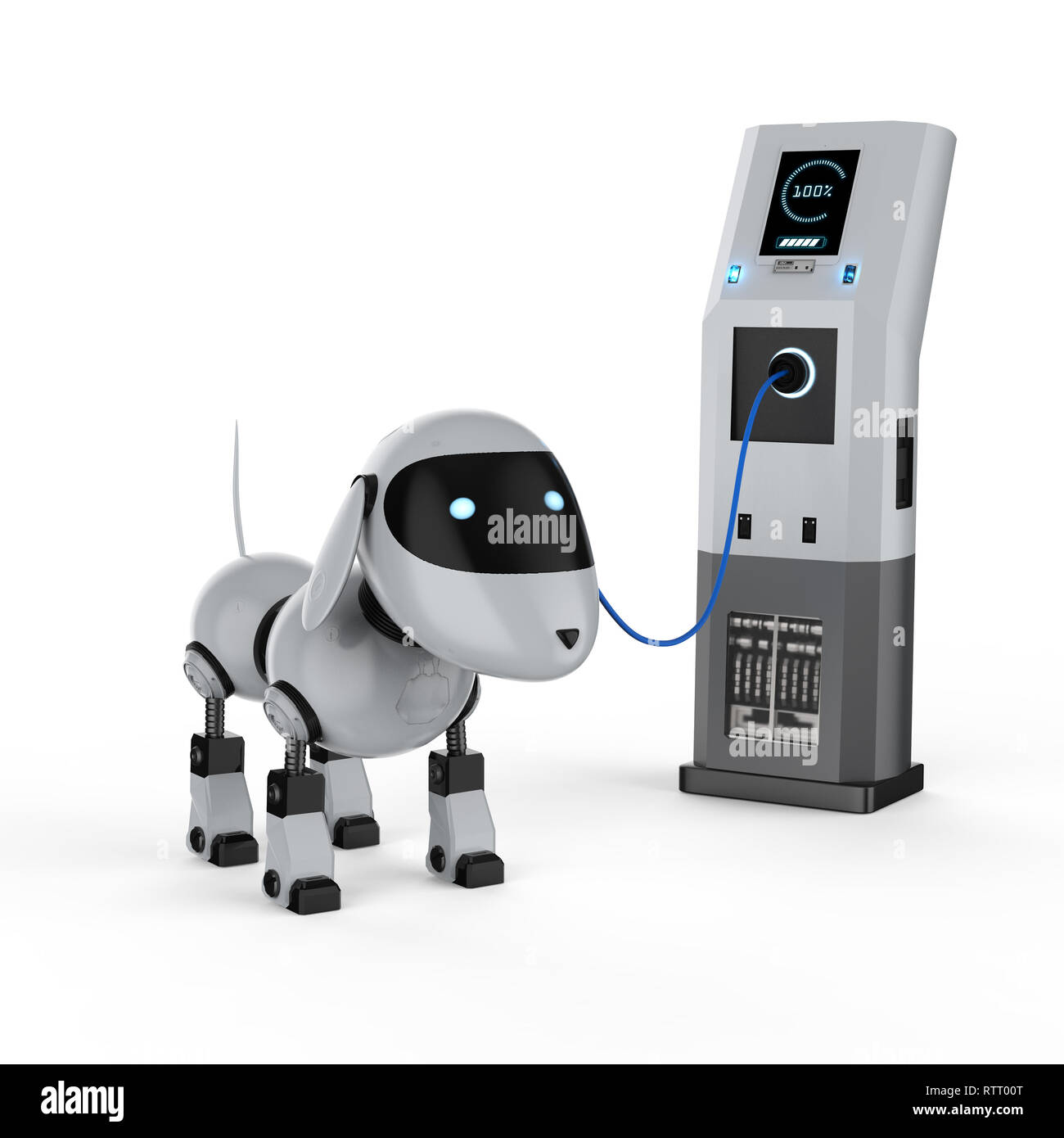 3d rendering dog robot charge with electric charging station Stock Photo