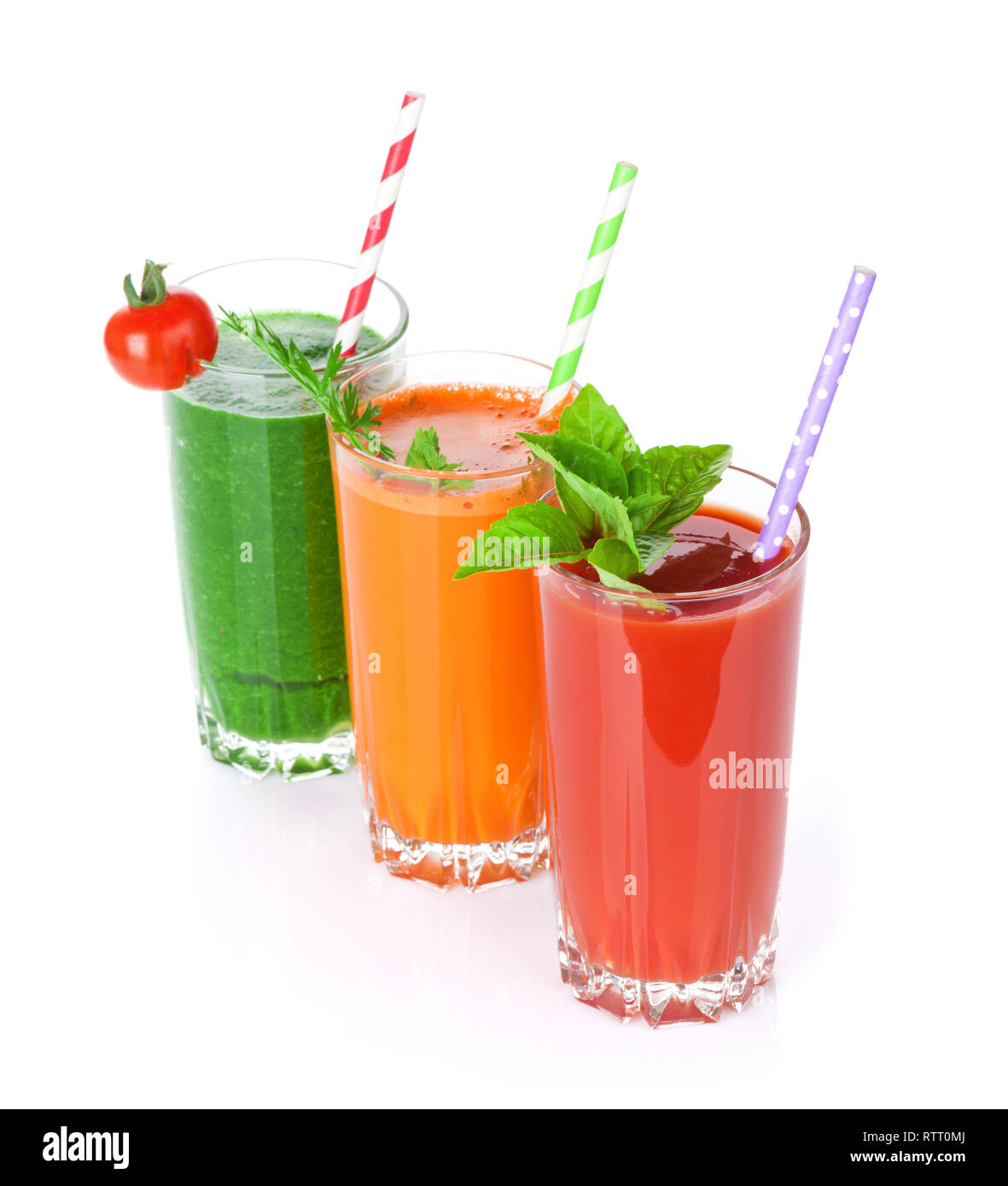 Fresh vegetable smoothie. Tomato, cucumber, carrot. Isolated on white