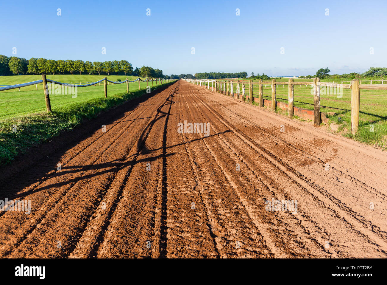 Horse race sand training  track railing fence blue sky equestrian countryside landscape. Stock Photo