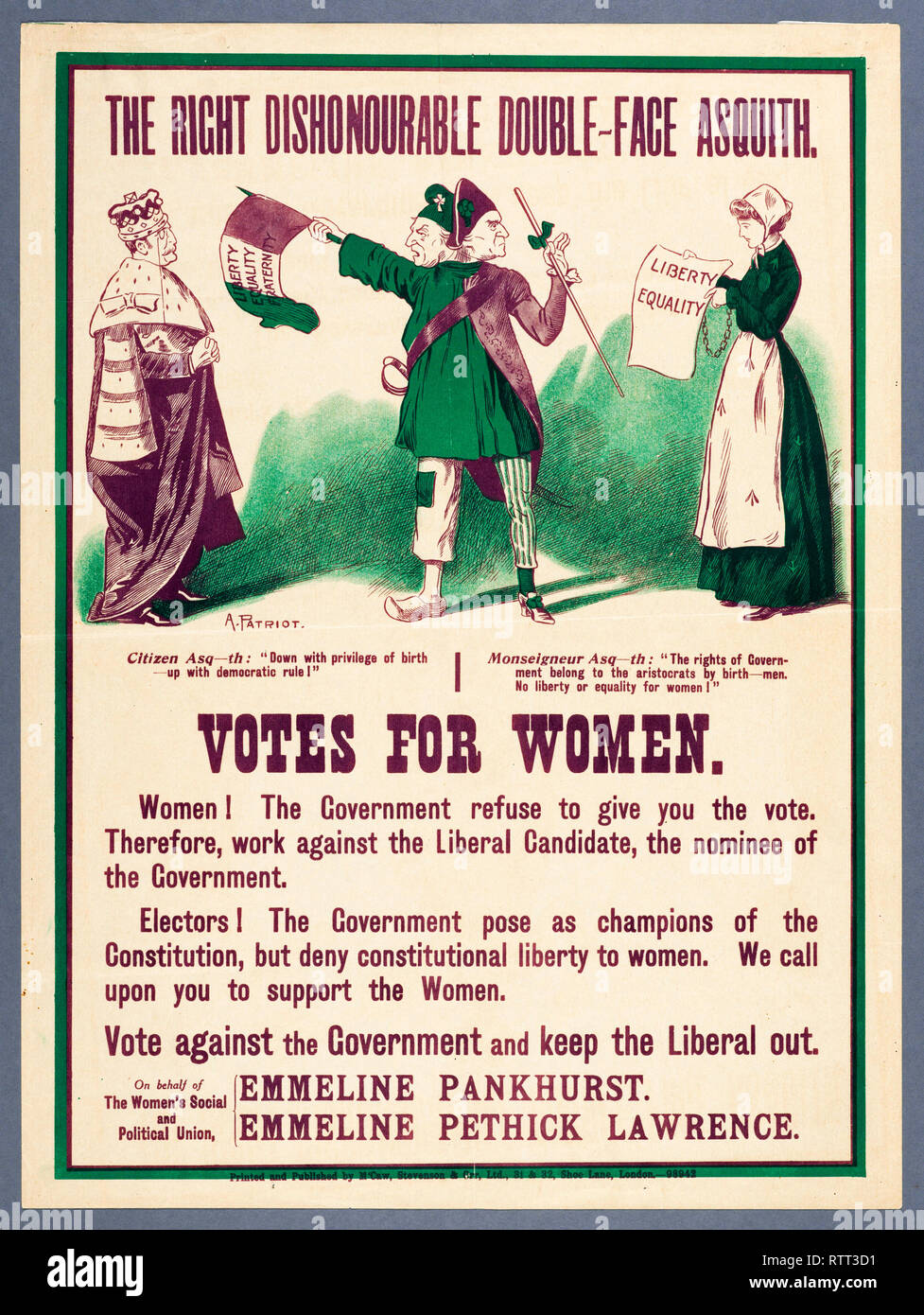 The Right Dishonorable Double-Face Asquith, Votes for Women poster, womens suffrage, c. 1903-1926, UK Stock Photo