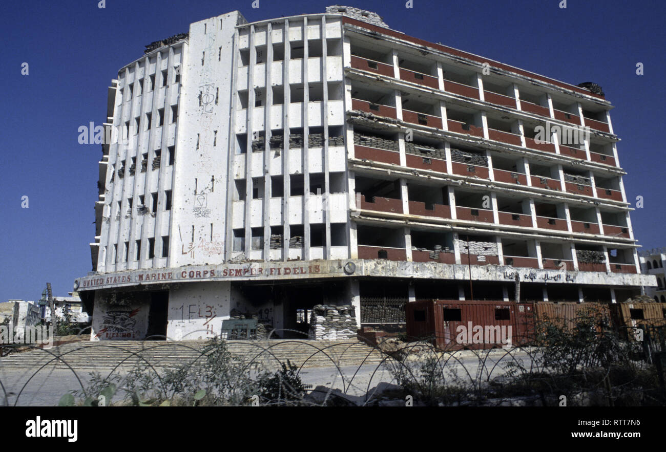 17th October 1993 United Nations building near the 'Green Line' in Mogadishu, Somalia. 'United States Marine Corps Semper Fidelis' written in large letters over the entrance. Stock Photo