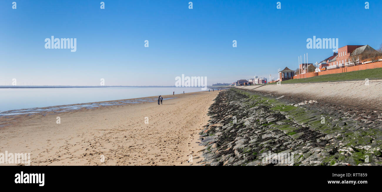 Panorama of the beach and dike at the Sudstrand in Wilhelmshaven, Germany Stock Photo