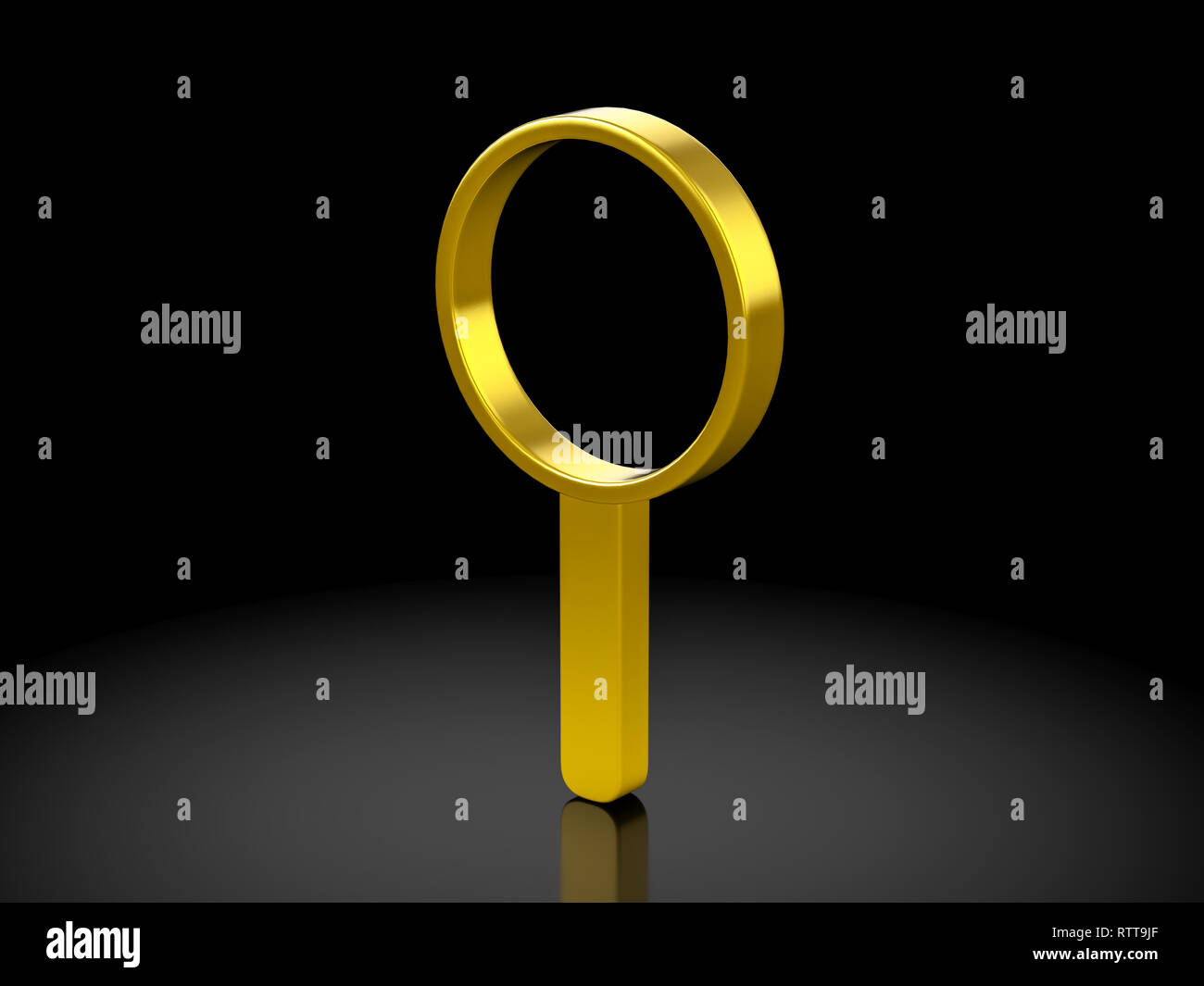 Gold magnifier symbol on a black background. 3d illustration Stock