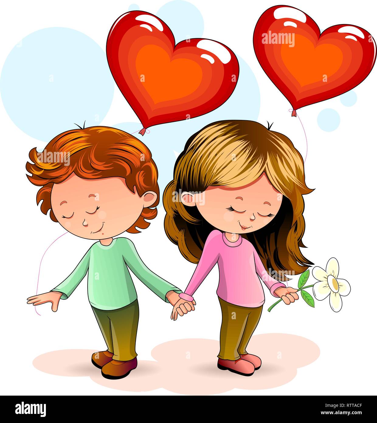 Girl and boy standing together and holding hands. Boy and girl with heart-shaped balloons. Stock Vector