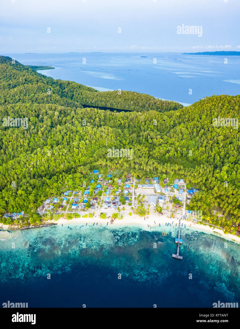 aerial view of a coastal village on Mansoear Island, aerial view of