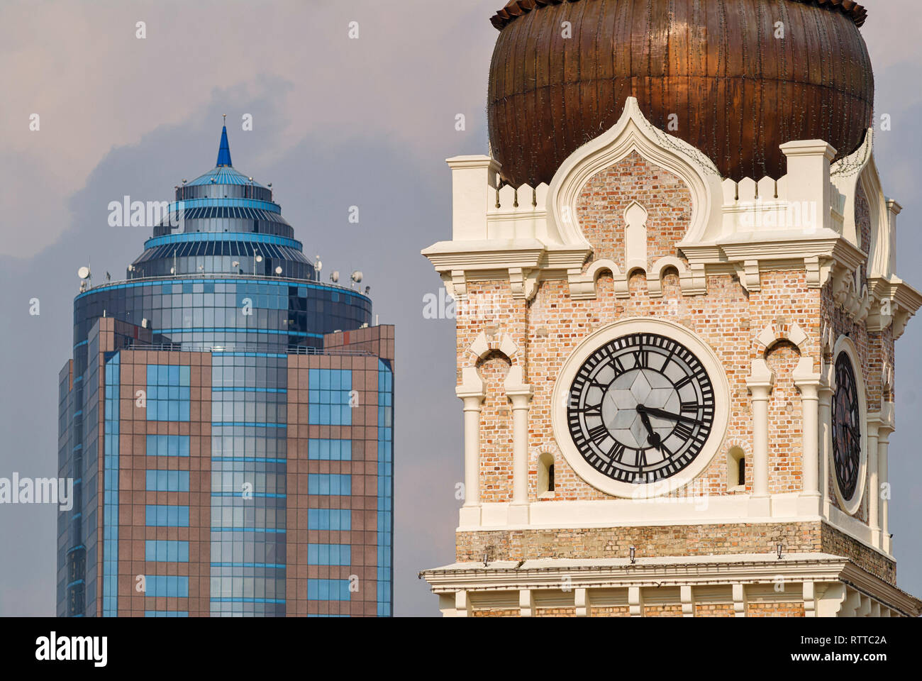 A closeup of the clock at top of Sultan Abdul Samad Building in Kuala