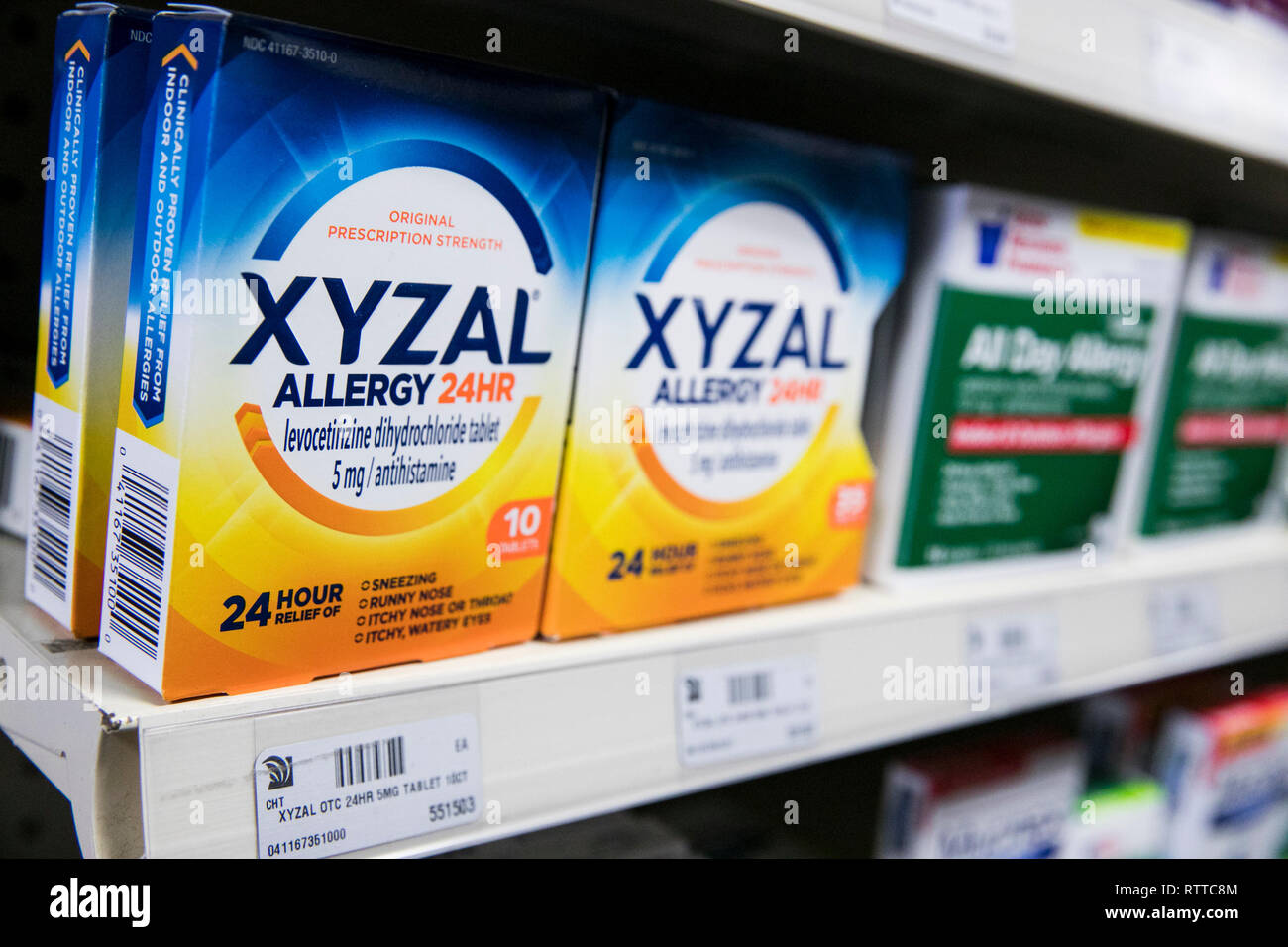 Xyzal Allergy over-the-counter medicine photographed in a pharmacy. Stock Photo