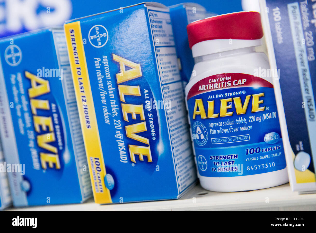 Aleve (Naproxen) overthecounter pain medicine photographed in a